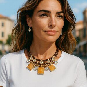 Peach Brown Fashion Crystal Square Necklace Set